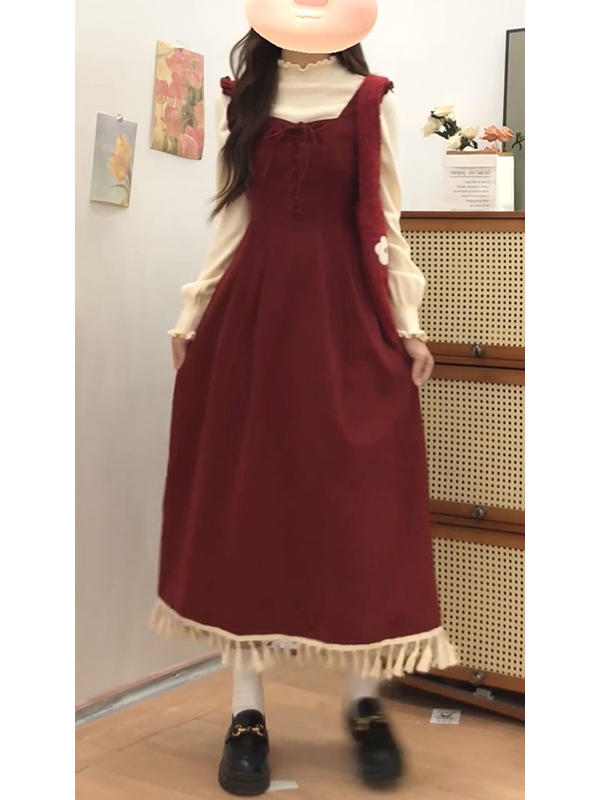 Base Layer Top - Elegant Red Tassel Vest Dress Two-Piece